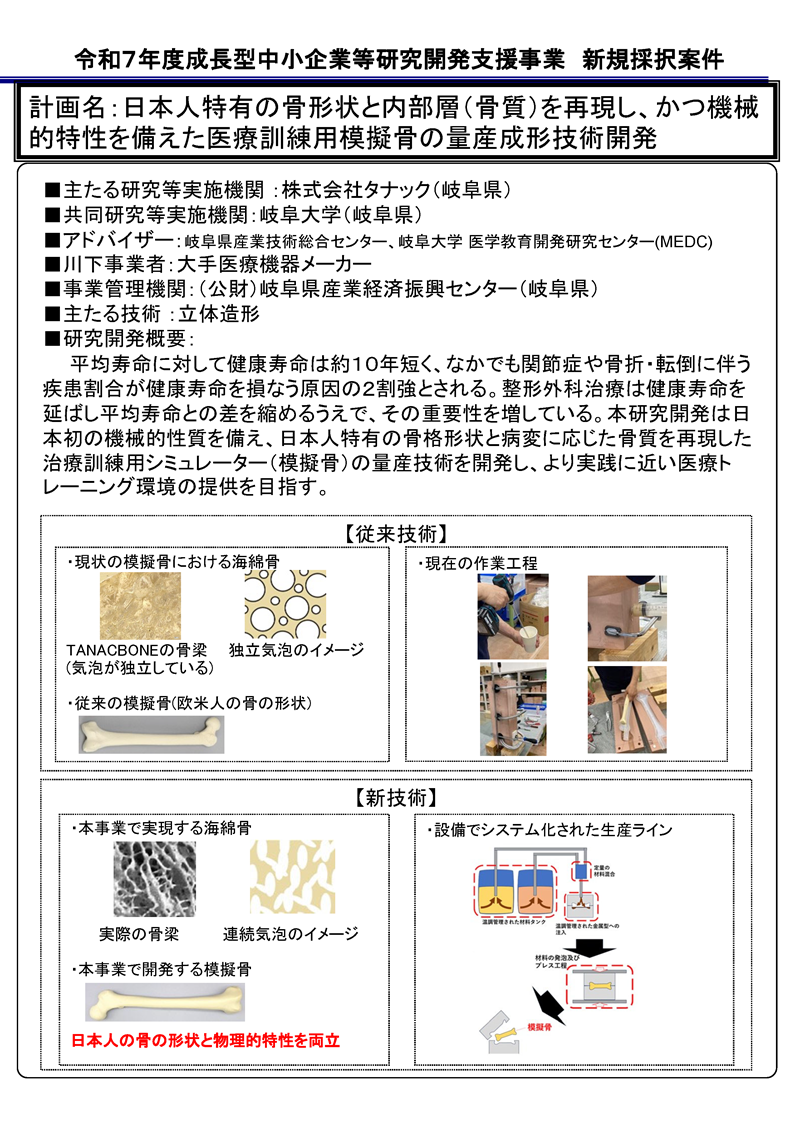 日本人特有の骨形状と内部層（骨質）を再現し、かつ機械的特性を備えた医療訓練用模擬骨の量産成形技術開発