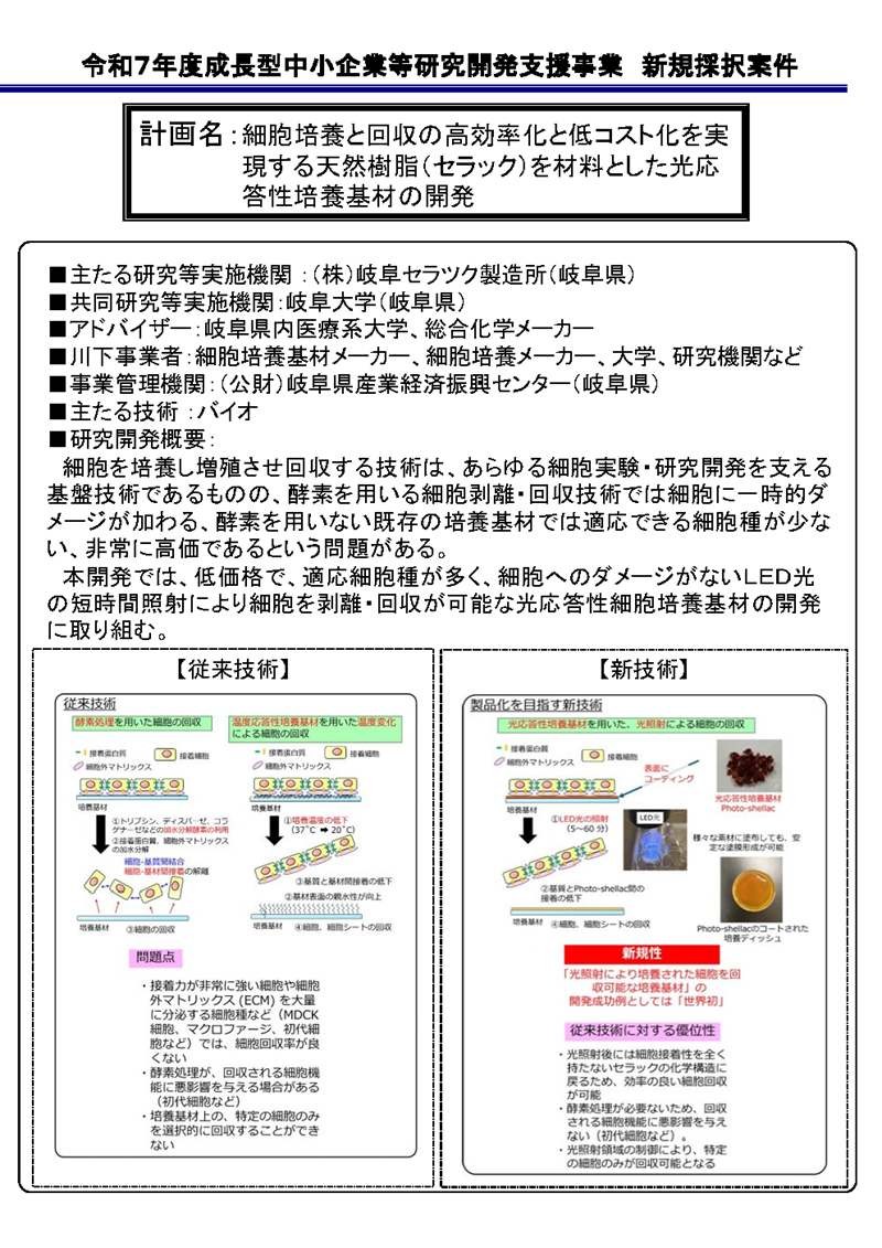 細胞培養と回収の高効率化と低コスト化を実現する天然樹脂（セラック）を材料とした光応答性培養基材の開発