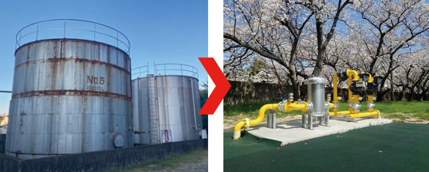 左:重油タンク 右:都市ガスのメーターユニット